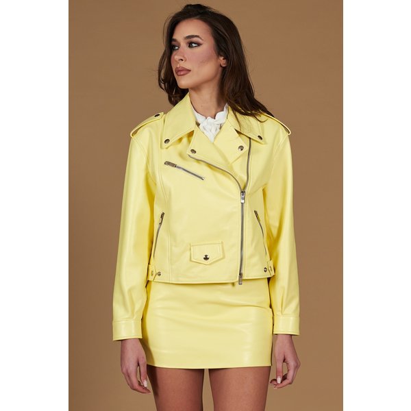 Veste cuir jaune pastel motard coupe confortable