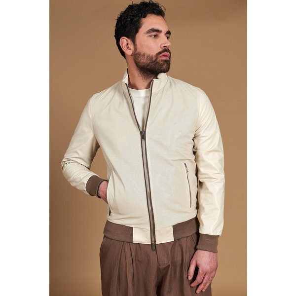 Blouson Cuir Plongé Perforé CrèMe Avec Profiles à Contraste Taupe-image