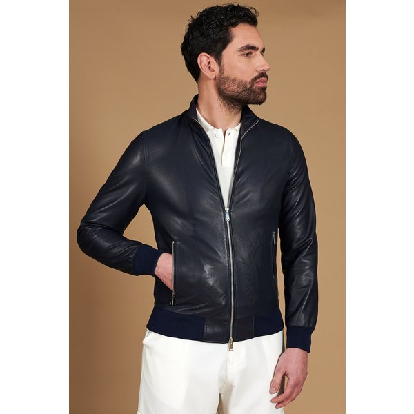 Blouson Cuir Plongé Perforé Bleu Avec Bande éLastique Assorti-image