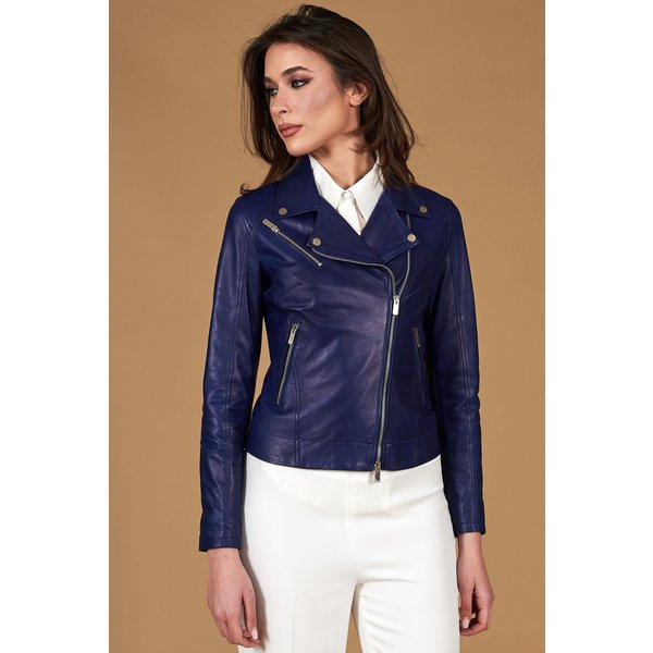 Veste cuir naturel bleu électrique motard éclair croisée