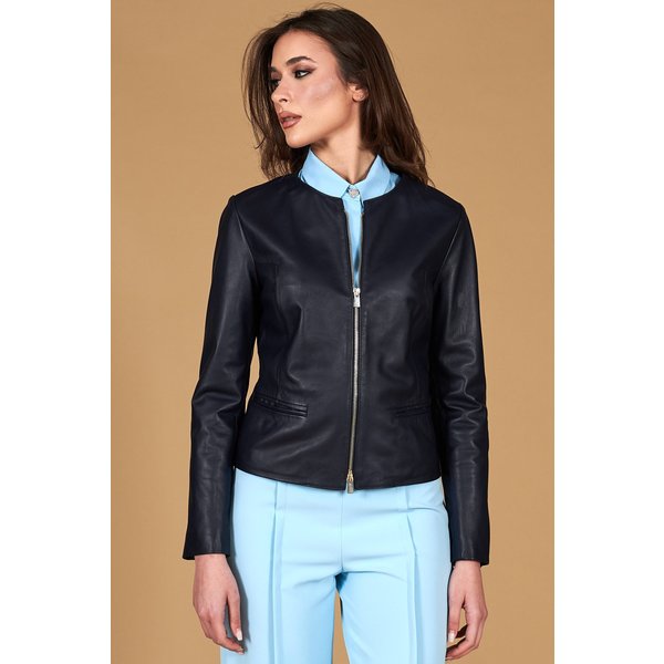 Veste Cuir Bleu Foncé Col Rond Agneau Plongé-image