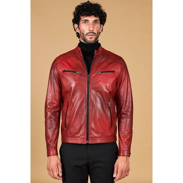 Blouson cuir naturel roux nuagé veste moto quatre poches