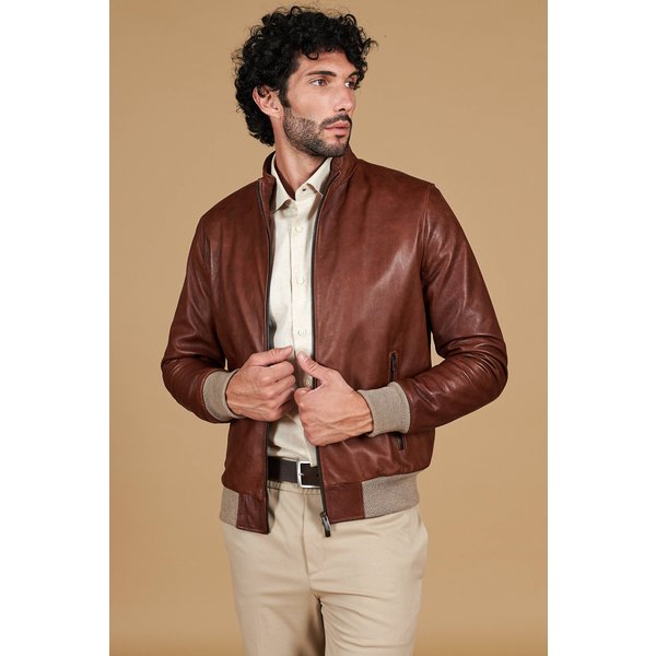 Blouson cuir cognac bomber cuir aspect vintage