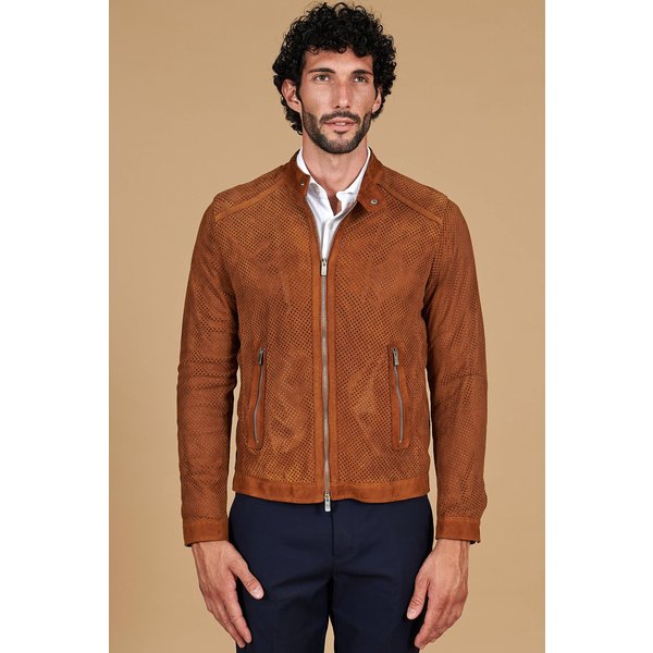 Blouson cuir daim perforé cognac cuir velours col mao