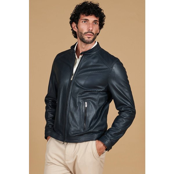 Blouson Cuir Perforé Bleu Foncé Cuir Plongé Col Mao-image