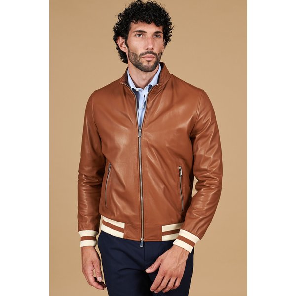 Blouson cuir naturel cognac bomber col mao