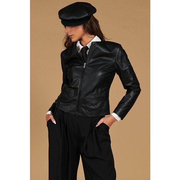 Veste Cuir Noir Col Rond Agneau Plongé-image