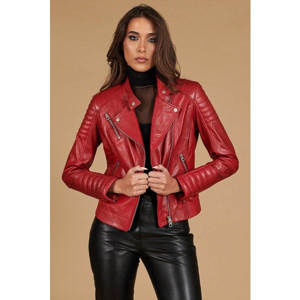 Veste cuir végétal roux motard matelassé effet vintage