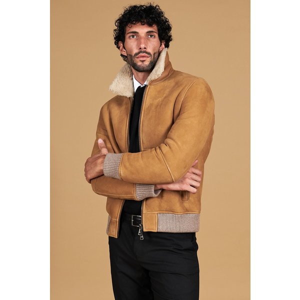 Blouson mouton beige bomber daim col chemise