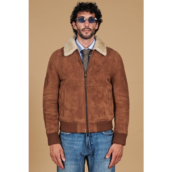 Blouson mouton cognac bomber daim col chemise