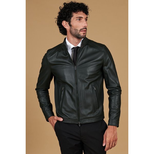 Blouson cuir naturel vert veste moto cuir aspect lisse