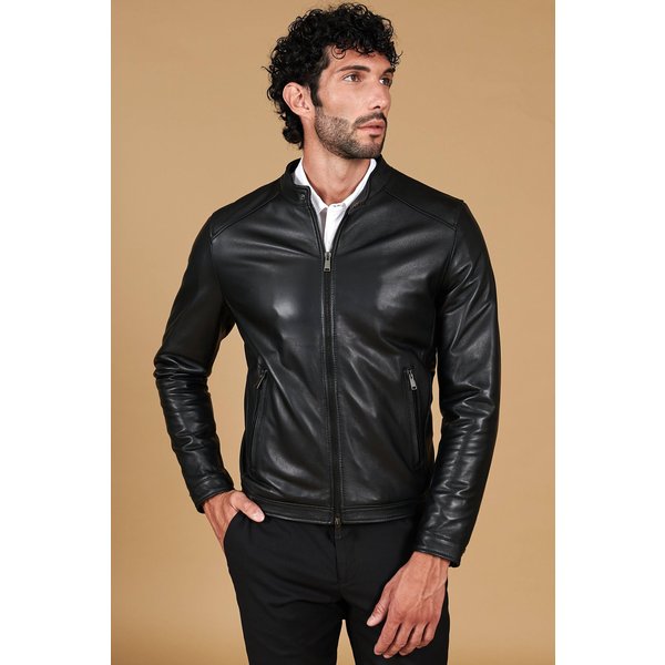 Blouson cuir noir deux poches veste moto agneau plongé