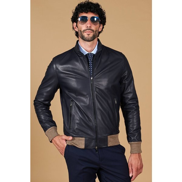 Blouson bomber cuir naturel bleu homme laine à contraste beige