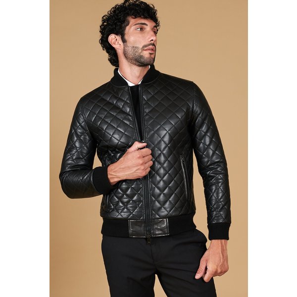 Veste bomber en cuir noir matelassé en losanges