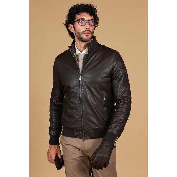 Bomber matelassé cuir marron homme col mao zippée