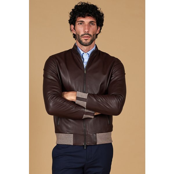 Blouson bomber cuir naturel pour homme laine à contraste beige