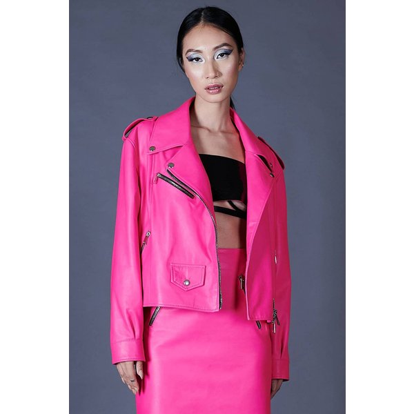 Blouson Oversize En Cuir Fuchsia Version Courte-image