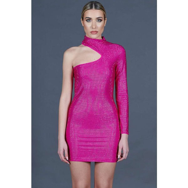 Robe Fourreau Fuchsia à Une éPaule Avec De Vrais Cristaux-image