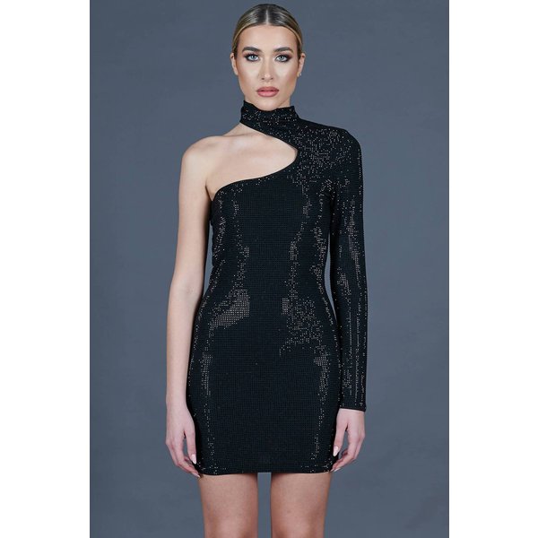 Robe fourreau noir à une épaule avec de vrais cristaux