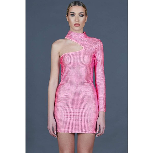 Robe Fourreau Rose à Une éPaule Avec De Vrais Cristaux-image