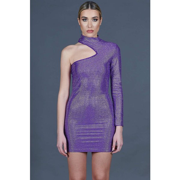 Robe Fourreau Violet à Une éPaule Avec De Vrais Cristaux-image