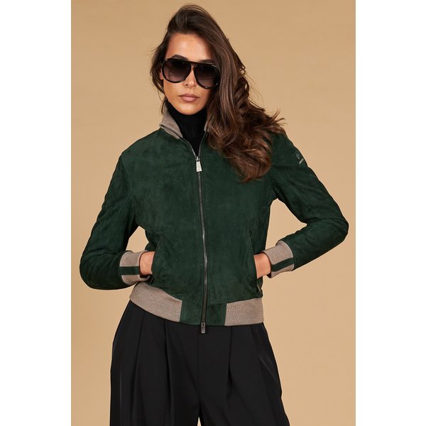Blouson bomber cuir daim vert femme col laine mérinos