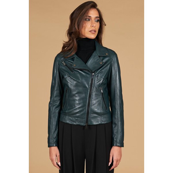 Veste cuir naturel vert motard cross zipper closure