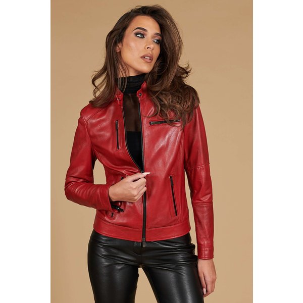 Veste cuir rouge quatre poches veste moto agneau plongé