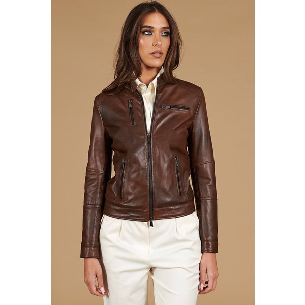 Veste Cuir Naturel Marron Quatre Poches Veste Moto-image