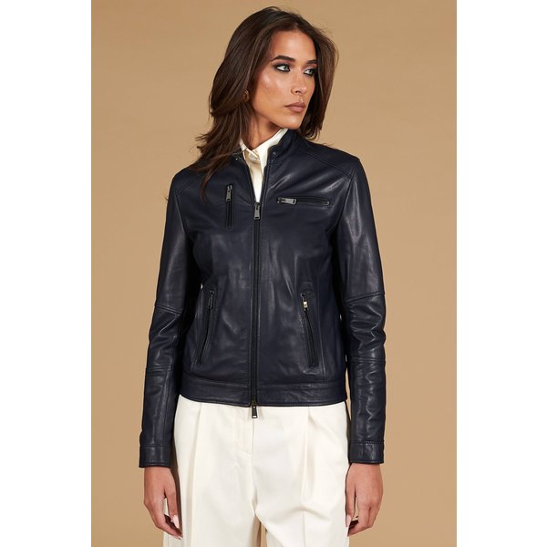 Veste Cuir Naturel Bleu Quatre Poches Veste Moto-image