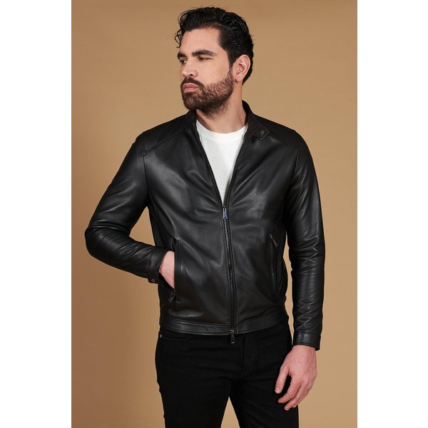 Blouson cuir noir veste moto cuir plongé col mao