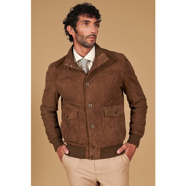 Bomber cuir daim taupe avec boutons poches appliquées