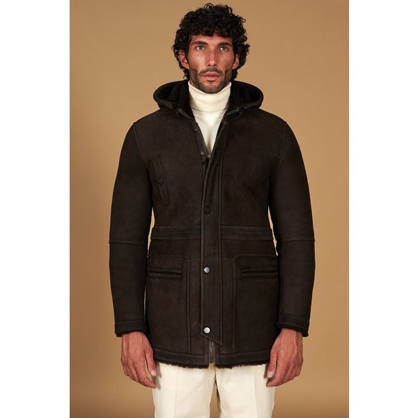 Manteau Mouton Retourné Suedé Marron Foncé Avec Capuche Amovible-image