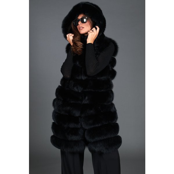 5 En 1 Veste Fourrure Renard Femme Avec Capuche • Couleur Noir-image