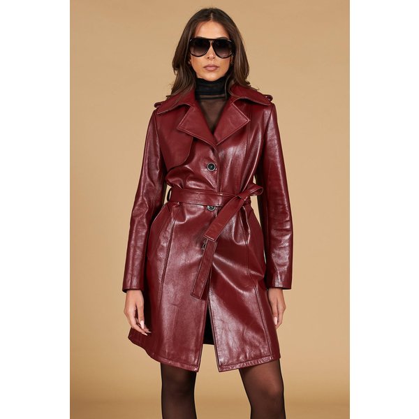 Manteau En Cuir Rouge Ancre Avec Ceinture Effet Lisse-image