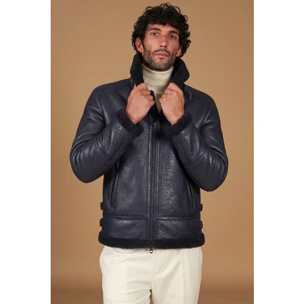 Blouson mouton bleu veste moto col chemise boucle