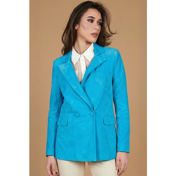 Blazer cuir daim turquoise à double boutonnage