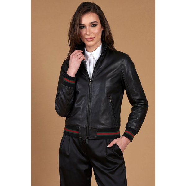 Veste Cuir Noir Bomber Cuir Plongé Effet Lisse Col Mao-image