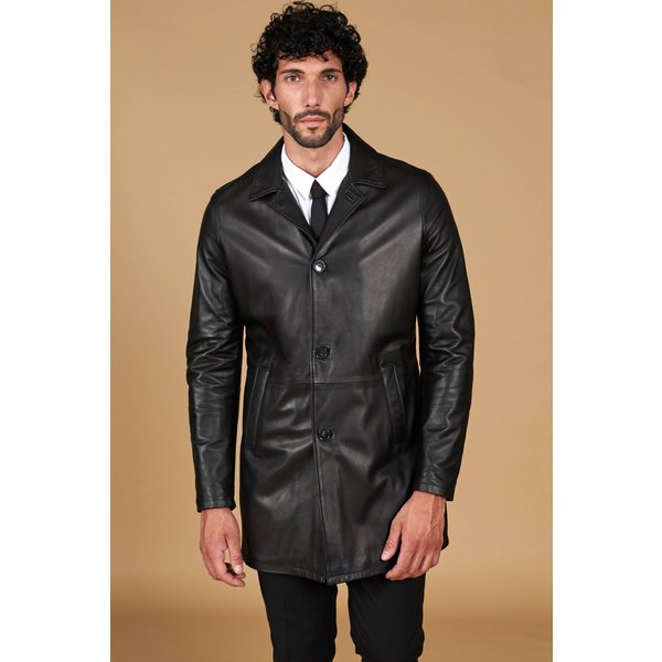 Manteau Noir En Cuir D'agneau Lisse Col Et Reverse-image