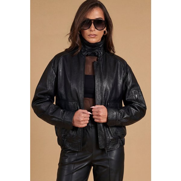 Blouson bomber oversize cuir froissé noir avec col amovible en peau de mouton
