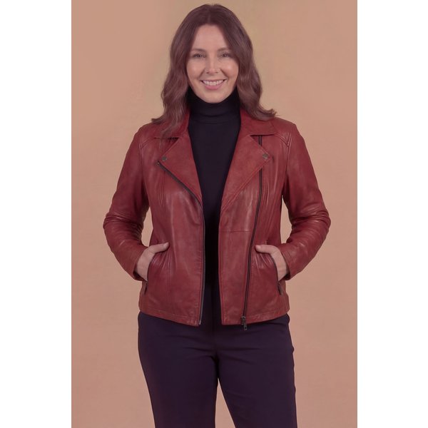 Veste Cuir Roux Motard Coupe Confortable Cuir Effet Lisse-image