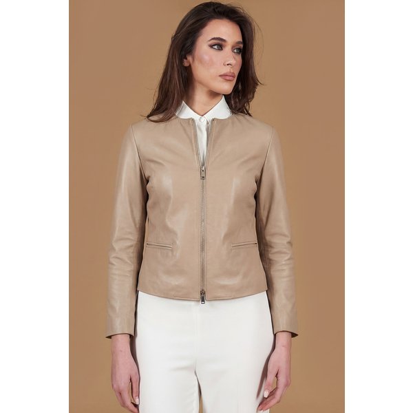Veste Cuir Sable Col Rond Effet Lisse-image