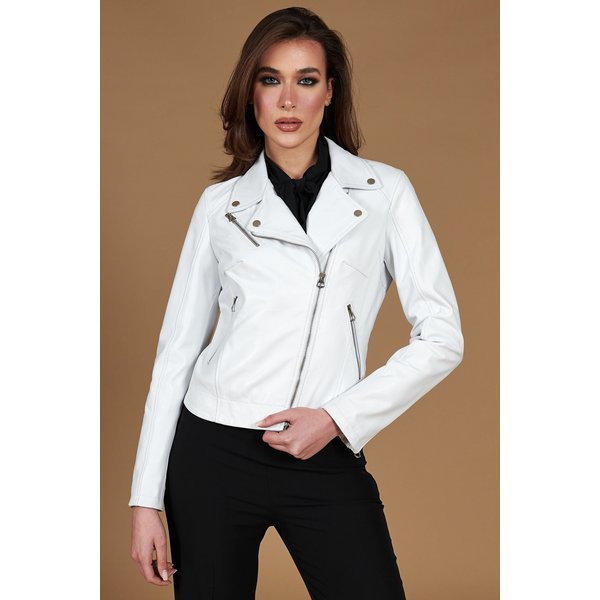 Veste Cuir Blanc Motard Cuir Plongé Aspect Lisse-image