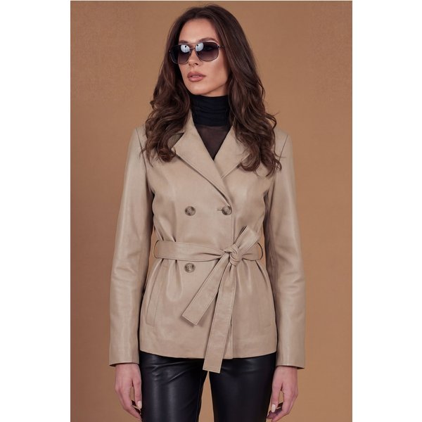 Veste En Cuir Sable à Double Boutonnage Avec Ceinture-image