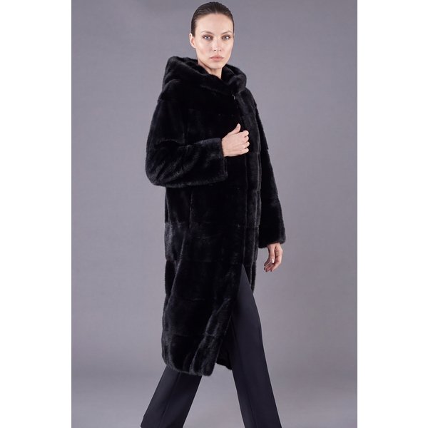 Manteau Fourrure Vison Femme Avec Capuche • Couleur Noir-image