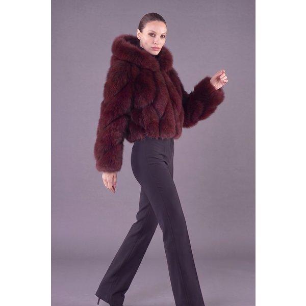 Veste fourrure renard à capuche • couleur bordeaux