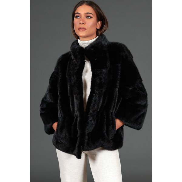 Veste Fourrure Vison Femme Col Rond • Couleur Noir-image