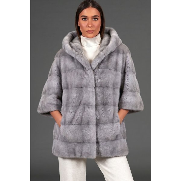 Veste fourrure vison femme avec capuche • couleur saphire