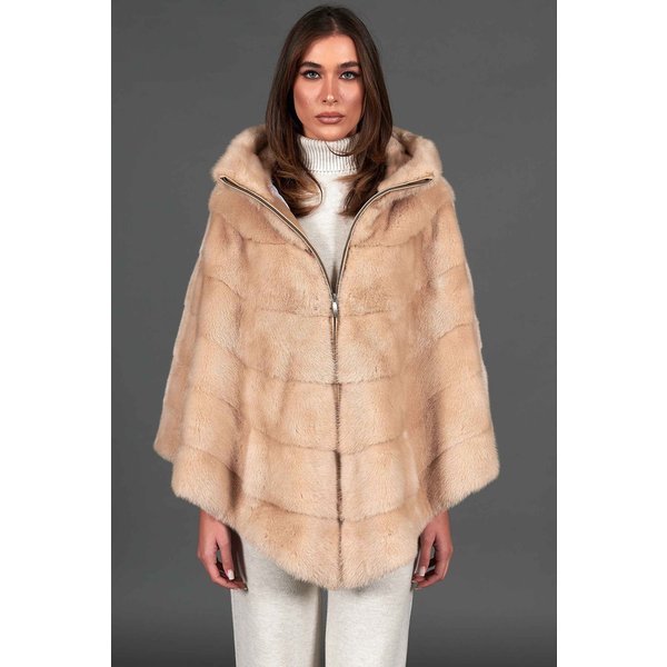 Manteau fourrure vison femme style cape à capuche • couleur beige