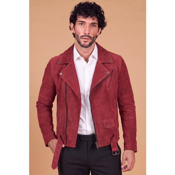 Blouson cuir bordeaux motard agneau nubuck effet vielli